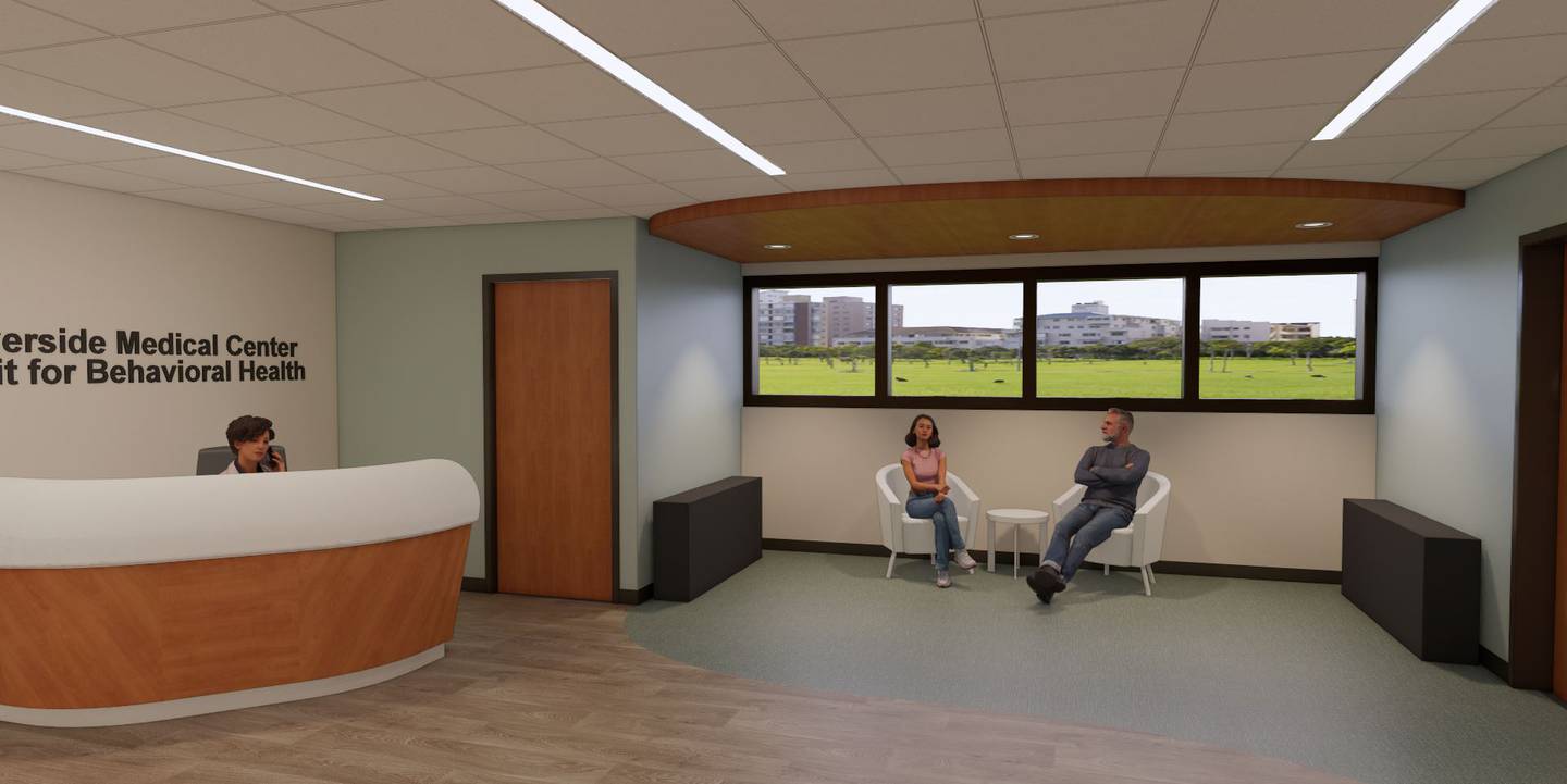 A rendering shows planned updates and expansions to Riverside Medical Center's behavioral health department as part of a $28-million project. The entry is shown here.