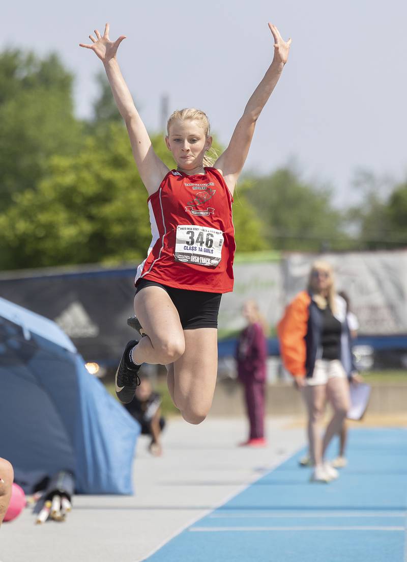 Henry’s Taylor Frawley soars in the 1A long jump Saturday, May 20, 2023 during the IHSA state track and field finals at Eastern Illinois University in Charleston.