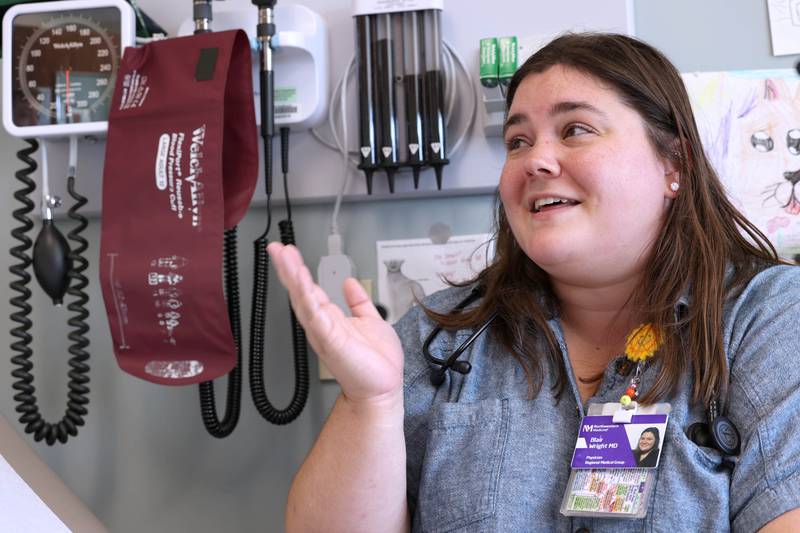 Dr. Blair Wright, a pediatrician with Northwestern Medicine Valley West Hospital in Sandwich, talks Wednesday, Sept. 20, 2023, in one of the examination rooms, about about what respiratory illness trends northern Illinois and DeKalb County are seeing this fall, and how the public can stay healthy.