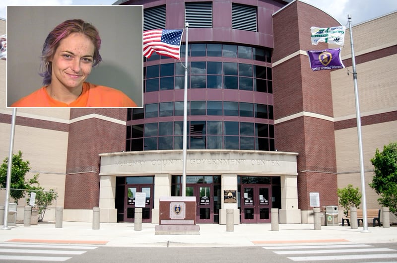 An inset of Jessica L. Speciale from September 2022 in front a Northwest Herald file photo of the McHenry County courthouse.