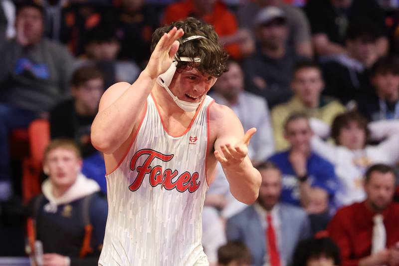 Yorkville’s Ben Alvarez celebrates his win over Loyola’s Kai Calcutt in the 220-pound Class 3A championship match on Saturday, Feb. 18, 2023 at State Farm Center in Champaign.