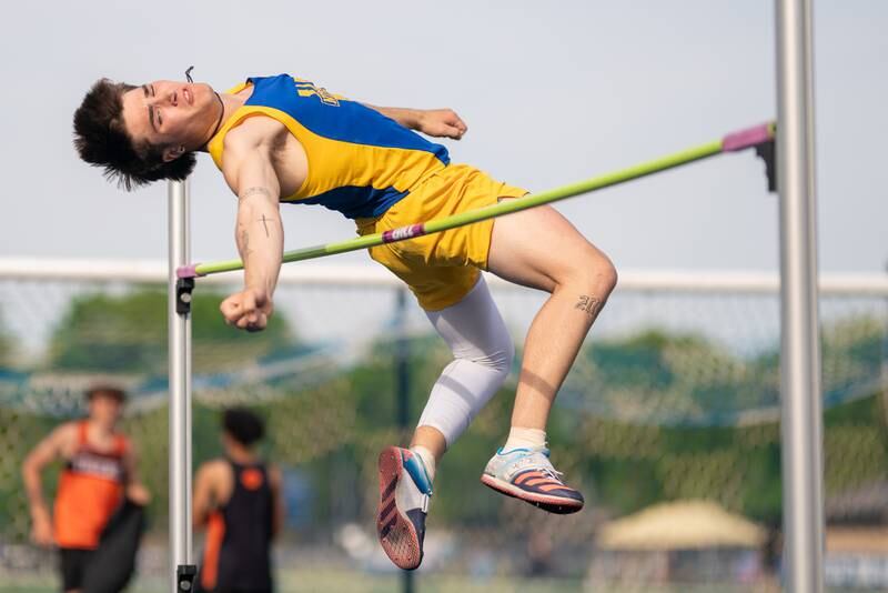 Wheaton North’s Landen Walker competes in the high jump during a DuKane Conference boys track and field meet at Geneva High School on Thursday, May 11, 2023.