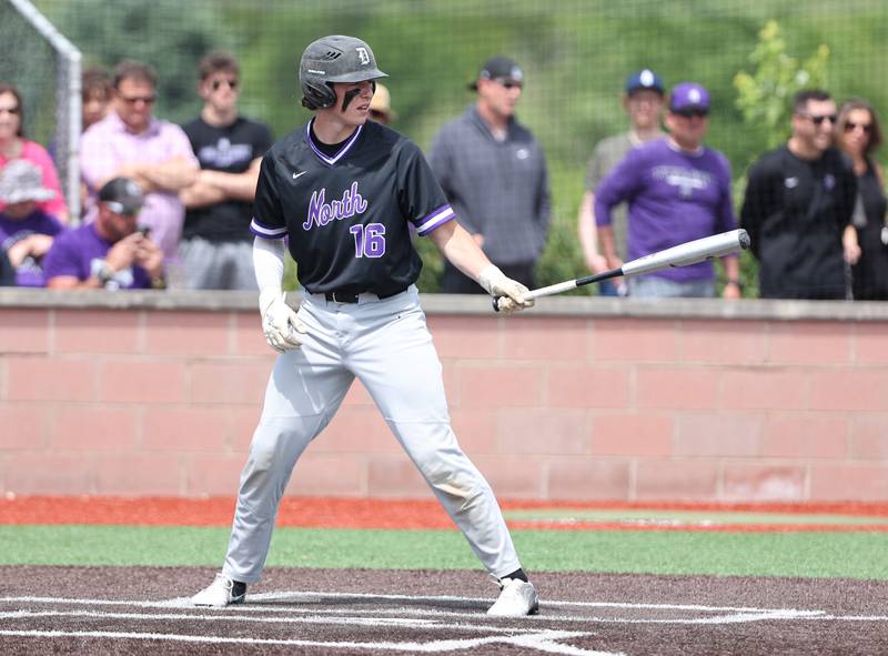 Downers Grove North's Jimmy Janicki (16) waits for a pitch during the IHSA Class 4A baseball regional final between Downers Grove North and Hinsdale Central at Bolingbrook High School on Saturday, May 27, 2023.