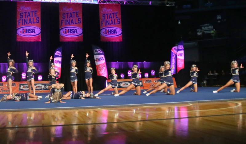 Members of the Lemont cheerleading team perform at the Competitive Cheerleading State Final Competition on Saturday, Feb. 3, 2024 at Grossinger Motors Arena in Bloomington.