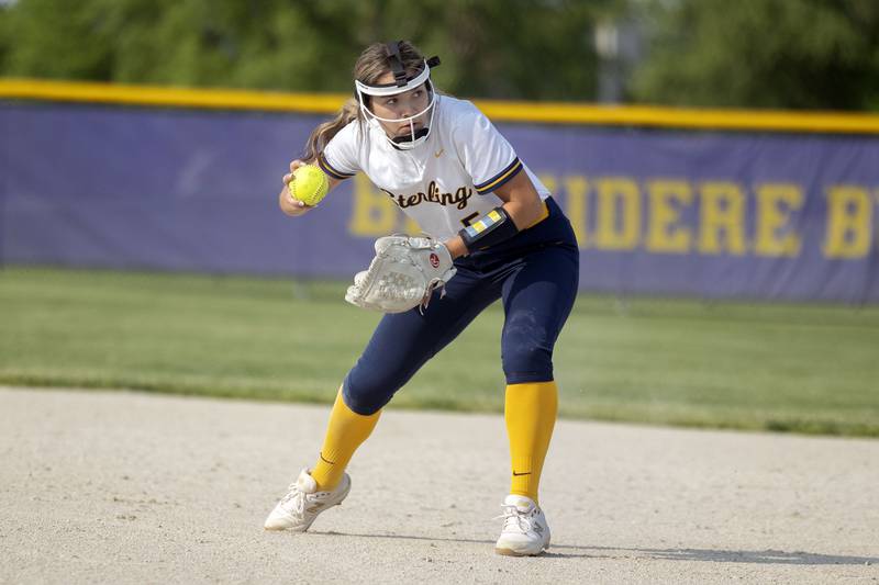Sterling’s Mya Lira throws to first for an out against Boylan Tuesday, May 23, 2023 during a class 3A regional semifinal game in Belvidere.