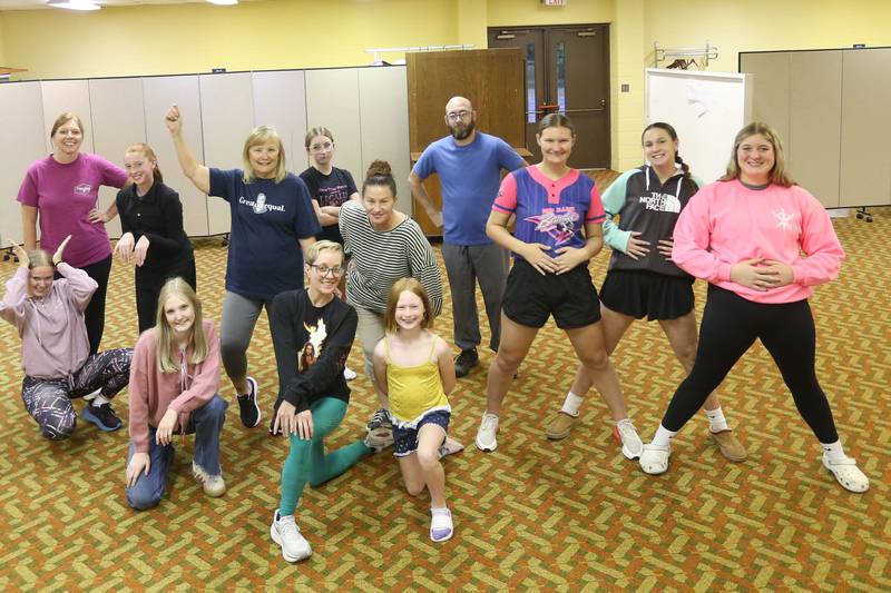 The cast of Shrek the Musical act out a scene during a rehearsal of Shrek the Musical on Monday, Oct. 13, 2025 at the Henry United Methodist Church. The River Valley Players are staging Shrek the Musical, with performances scheduled for Nov. 15-16 and 21-22, 2005 at the Henry United Methodist Church in Henry