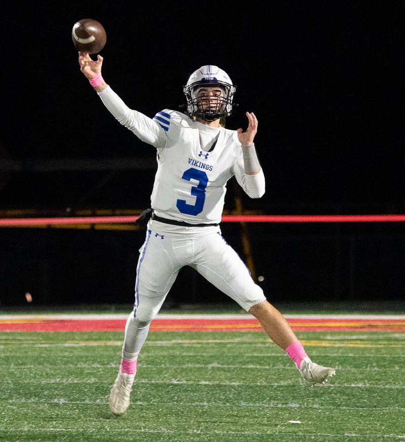 Geneva’s Nate Stempowski (3) throws a pass against Batavia during a football game at Batavia High School on Friday, Oct 7, 2022.
