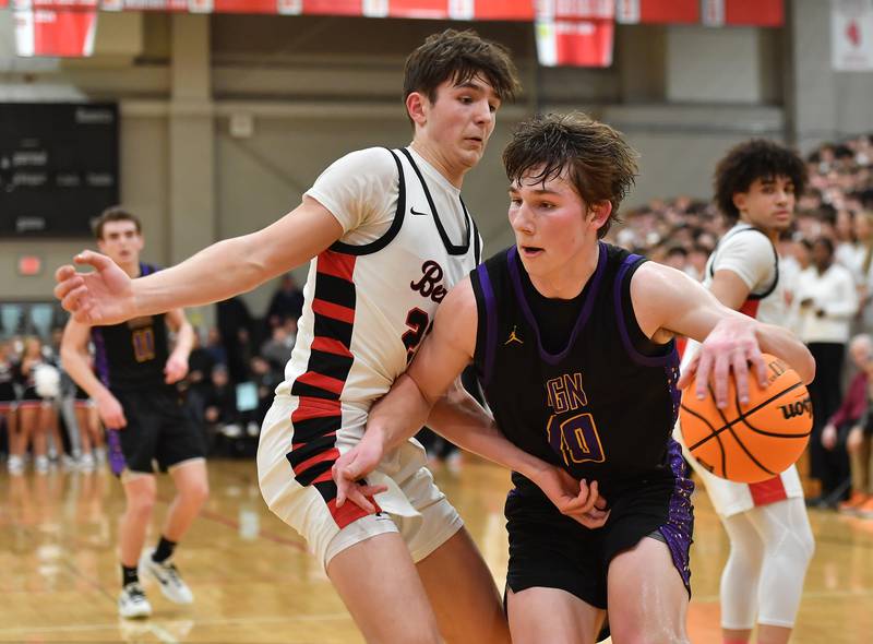 Benet’s Edvardas Stasys (left) defends against Downers Grove North’s Bobby Grganto during the Class 4A Benet Sectional championship game on March 7, 2025 at Benet Academy in Lisle.