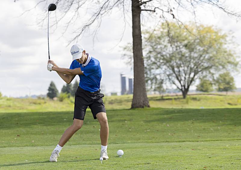 Princeton’s Tyson Phillips tees off on #1 Wednesday, Sept. 27, 2023 during the class 2A golf regionals at Deer Valley Country Club.