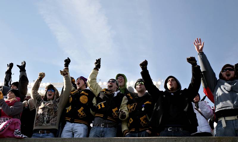 Lena-Winslow fans go nuts after the final play of the game against Tri-Valley at the IHSA Class 1A Football Championships at Huskie Stadium on Friday, November 29, 2013. The Panthers, a 10-3 team, beat the Vikings, a 13-0 team, 28-21.