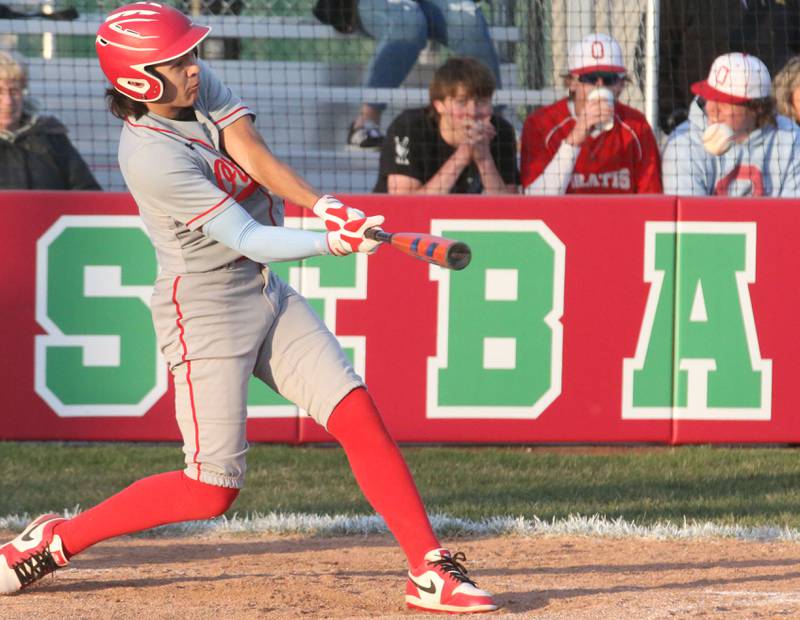 Ottawa's Cam Loomis smacks a double against L-P at Huby Sarver Field inside the L-P Athletic Complex on Tuesday, April 23, 2024 in La Salle.