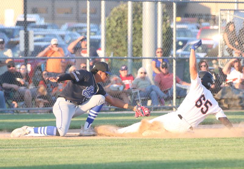 Pistol Shrimp's Kyle Gibson is tagged out by Rex's Delvis Claudio during the Prospect League Championship Series  on Wednesday, Aug. 7, 2024 at Schweickert Stadium in Peru.