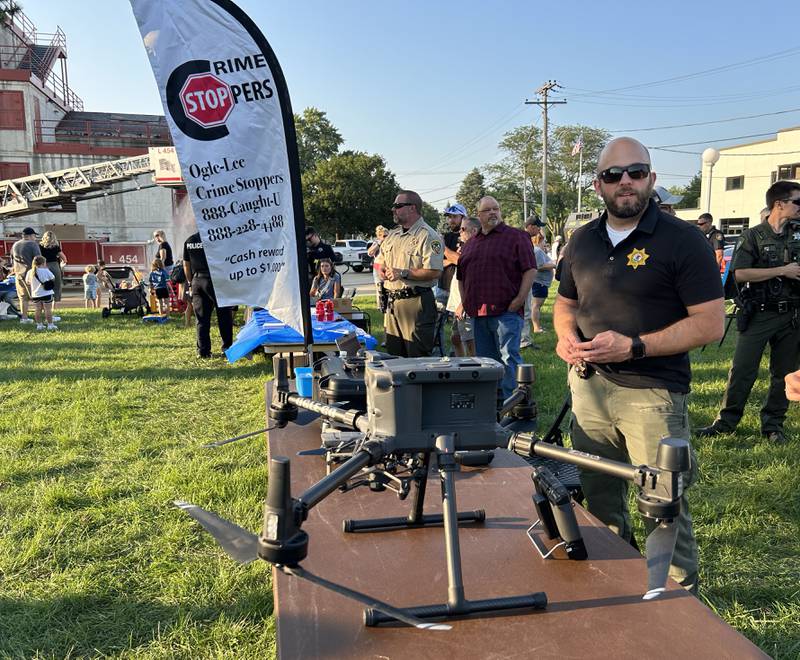 Sam Gendusa, a detective sergeant with the Ogle County Sheriff's Department, brought the department's drone to National Night Out in Byron on Tuesday, Aug. 5, 2025. Gendusa is one of the drone's operators.