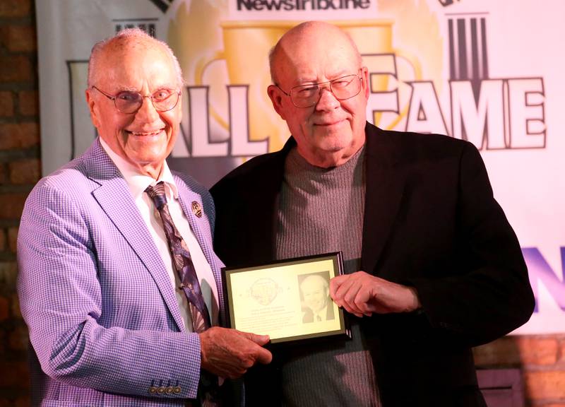 Legendary Ottawa High School coach Gary Vancil, poses with emcee Lanny Slevin during the 2025 Shaw Media Illinois Valley Sports Hall of Fame at the Auditorium Ballroom in La Salle.