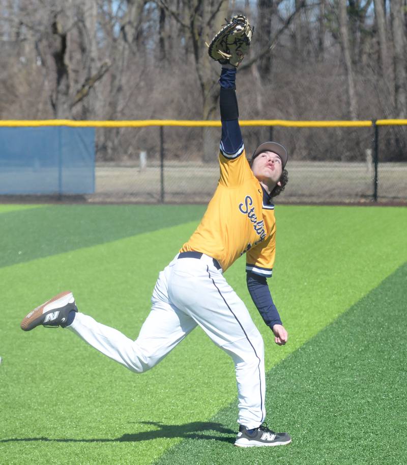 Sterling's Adrian Monarrez snags a fly ball in short right field against Erie-Prophetstown on Saturday, March 22, 2025 at Gartner Park in Sterling.