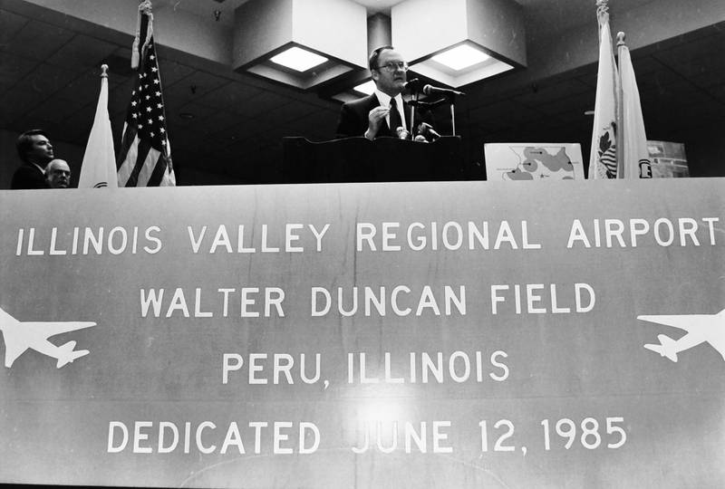 Former Illinois Gov. Jim Thompson speaks during a groundbreaking dedication of the Illinois Valley Regional Airport on June 12 1985 at the Peru Mall.