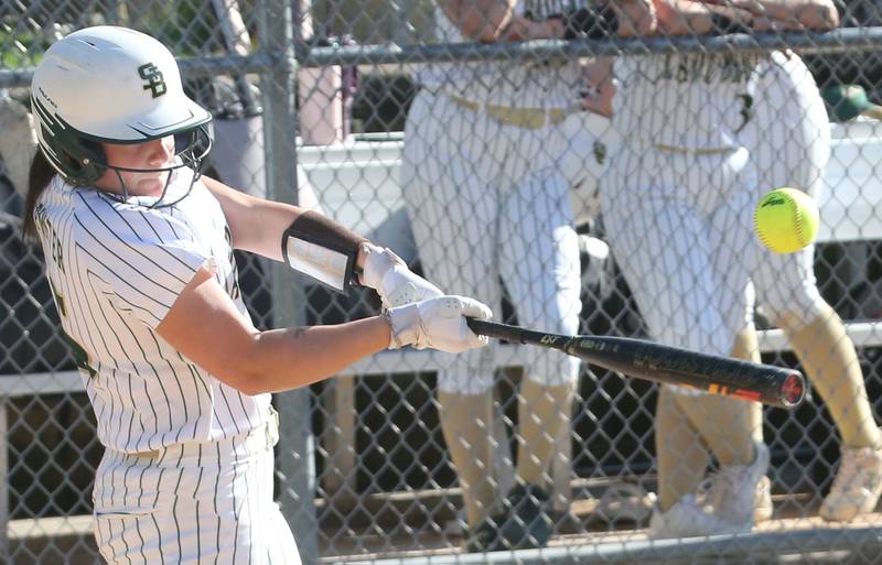 St. Bede's Bella Pinter smacks a hit against Woodland/Flanagan-Cornell on Monday, April 29, 2024 at St. Bede Academy.