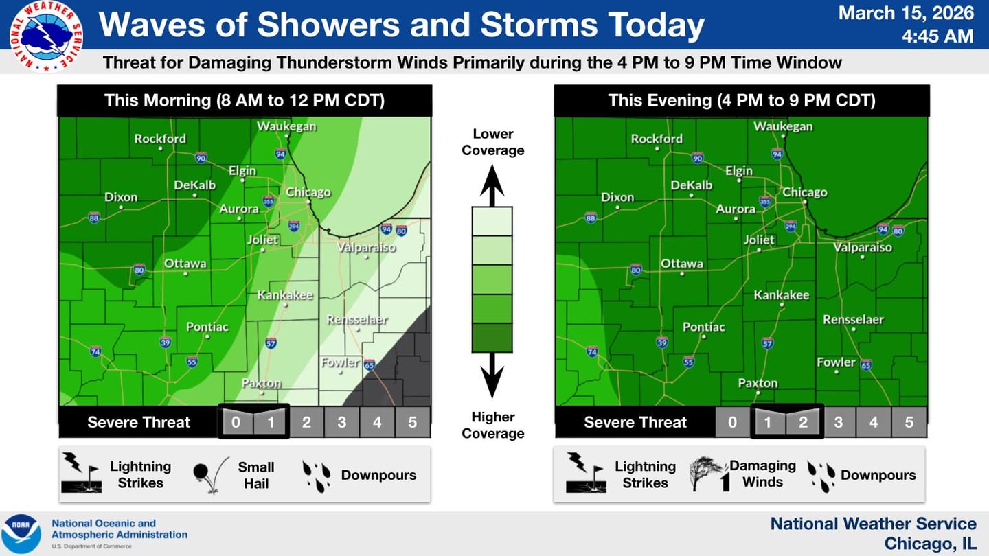 Northern Illinois will have waves of showers and storms on Sunday