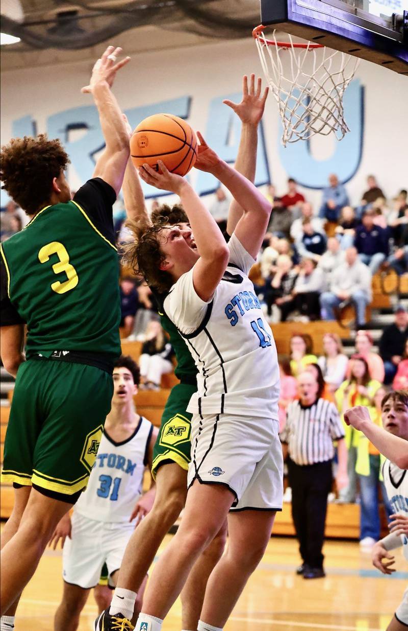 Bureau Valley's Blake Foster shoots against Abingdon-Avon Friday night at the Storm Cellar. A-Town won 47-45.
