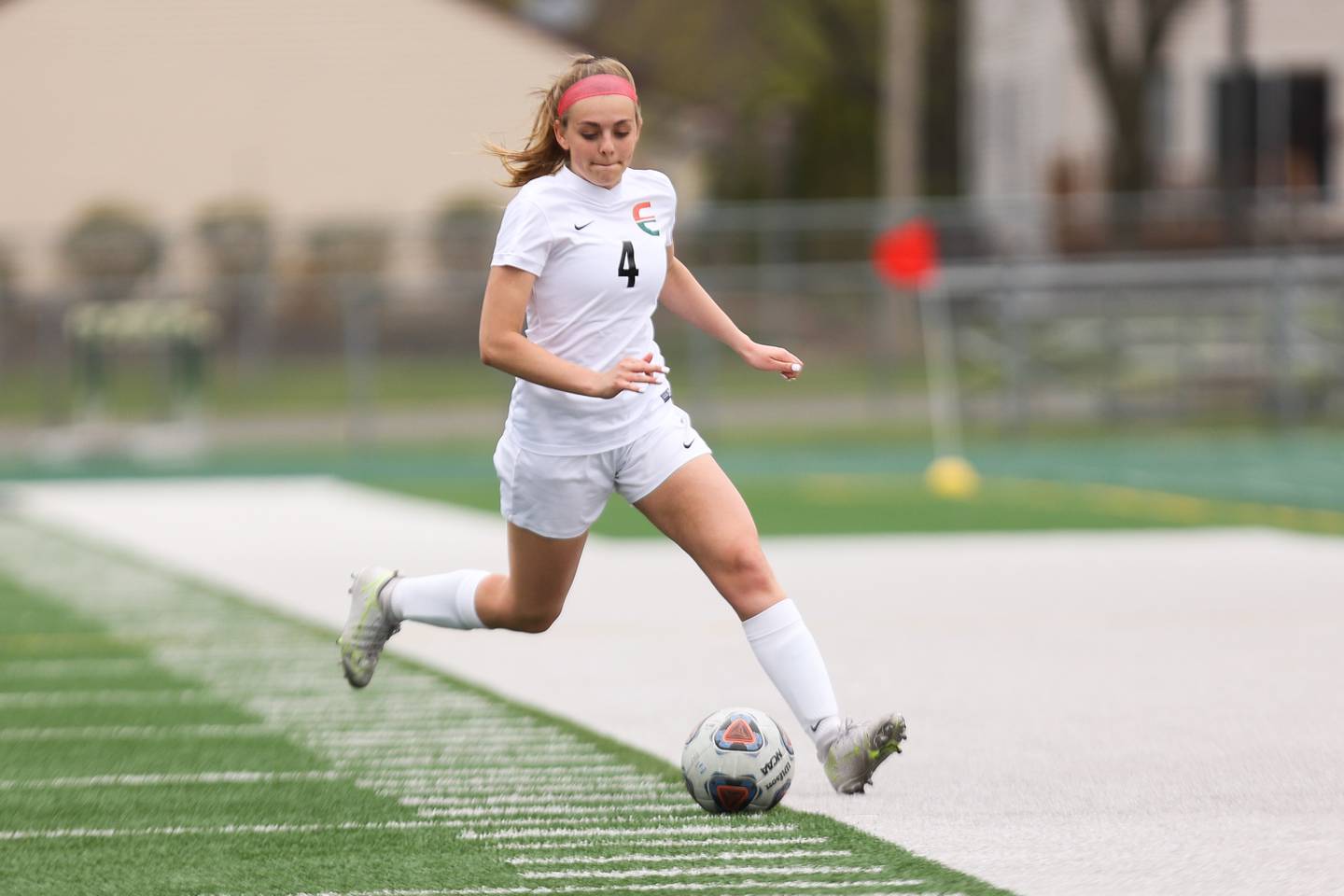 Plainfield East’s Madi Fauth works the ball up field against Plainfield Central. Friday, April 29, 2022, in Plainfield.