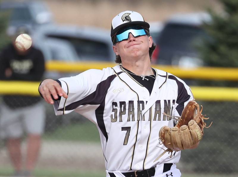 Sycamore's Nathan Lojko throws the ball to first during their game against Kaneland Monday, April 22, 2024, at the Sycamore Community Sports Complex.