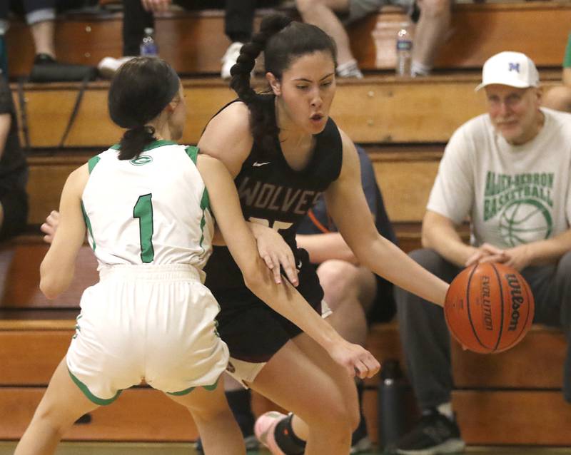 Alden-Hebron’s Evelyn Heber tries to guard Prairie Ridge's Addie Meyer during the girl’s game of McHenry County Area All-Star Basketball Extravaganza on Sunday, April 14, 2024, at Alden-Hebron’s Tigard Gymnasium in Hebron.