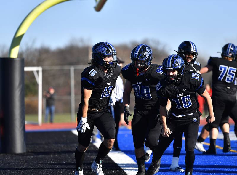 Lincoln-Way East's Conner Durkin celebrates after scoring a touchdownduring the IHSA class 8A semifinals playoff game against Barrington on Saturday, Nov. 18, 2023, at Frankfort. (Dean Reid for Shaw Local News Network)