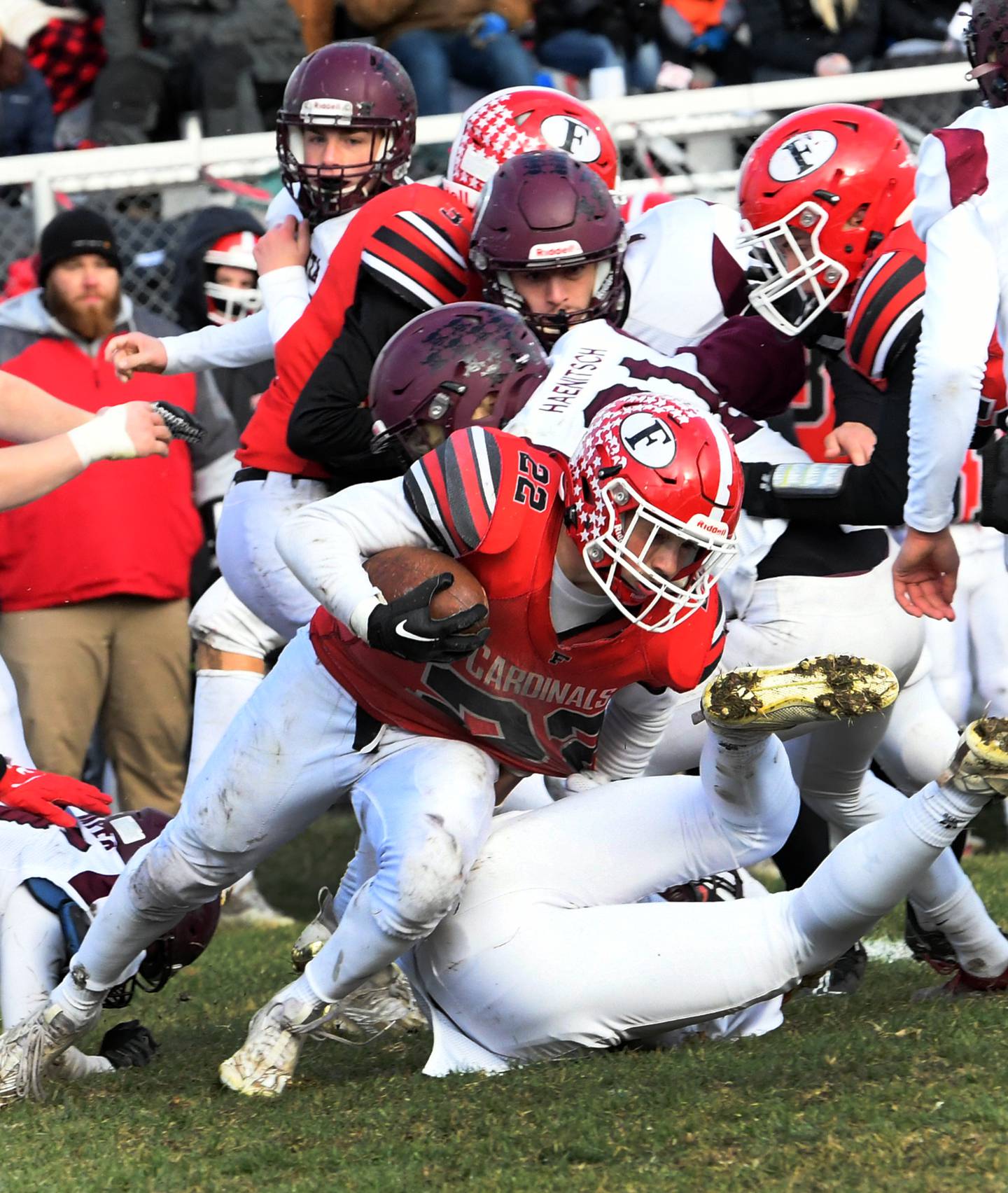 Forreston's Kaleb Sanders (22) fights for yards against Dakota in 1A playoff action on Saturday, Nov. 12.