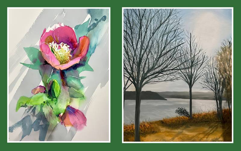 (Left to right); Flower watercolor artwork created by artist Daniel Danielson and landscape art piece by KVAL artist Sharon Saponari