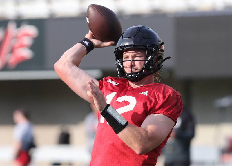 Northern Illinois Huskies quarterback Rocky Lombardi throws a pass during a drill at the first practice of the season Wednesday, Aug. 2, 2023, at Huskie Stadium in DeKalb.