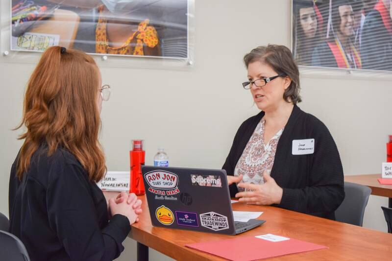 Julie Novalinski from About Your Home Inspection conducts a mock interview with Huntley High School junior Sydney Wenckaitis.