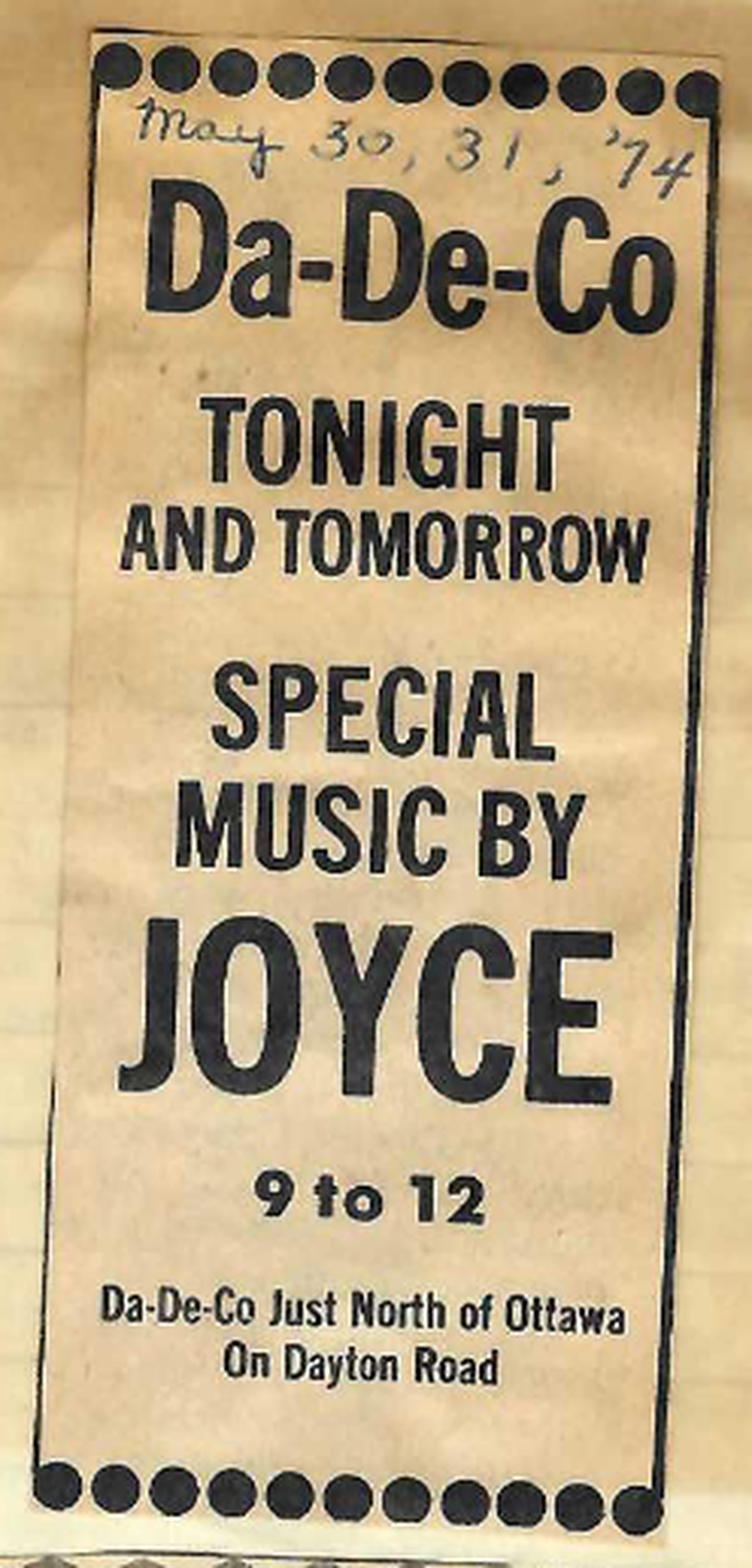A newspaper clipping advertising one of Joyce Piercy's performances.