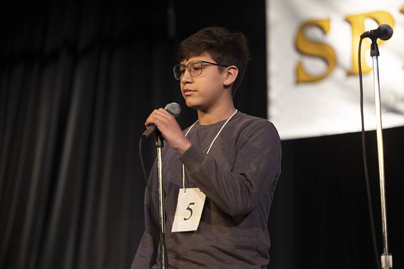 Misha Jimenez of Oregon Jr. High competes Thursday, Feb. 19, 2026, during the Lee-Ogle-Whiteside County Regional Spelling Bee. Jimenez missed in round 1 on the word outing.