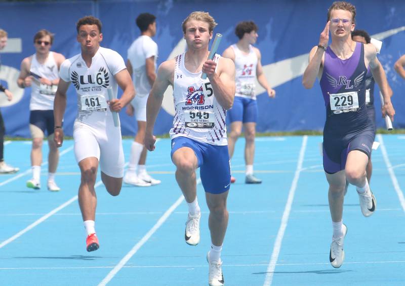 Morrison's Brady Anderson competes in the 4x100 meter relay during the IHSA Class 1A Boys Track & Field State Finals on Saturday, May 31, 2025 at Eastern Illinois University in Charleston.