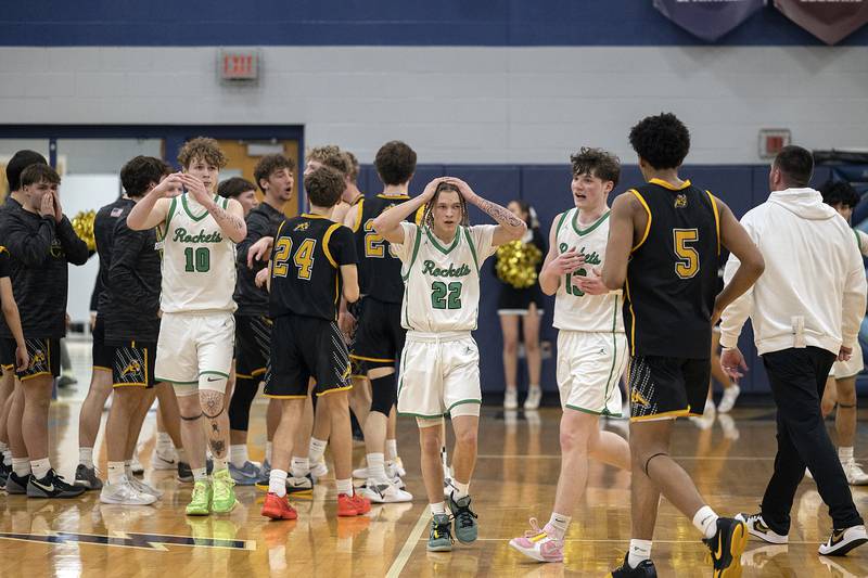 Rock Falls reacts to seeing their lead evaporate that leads into OT against Riverdale Friday, Feb. 28, 2025, during the Class 2A Regional final at Bureau Valley High School.
