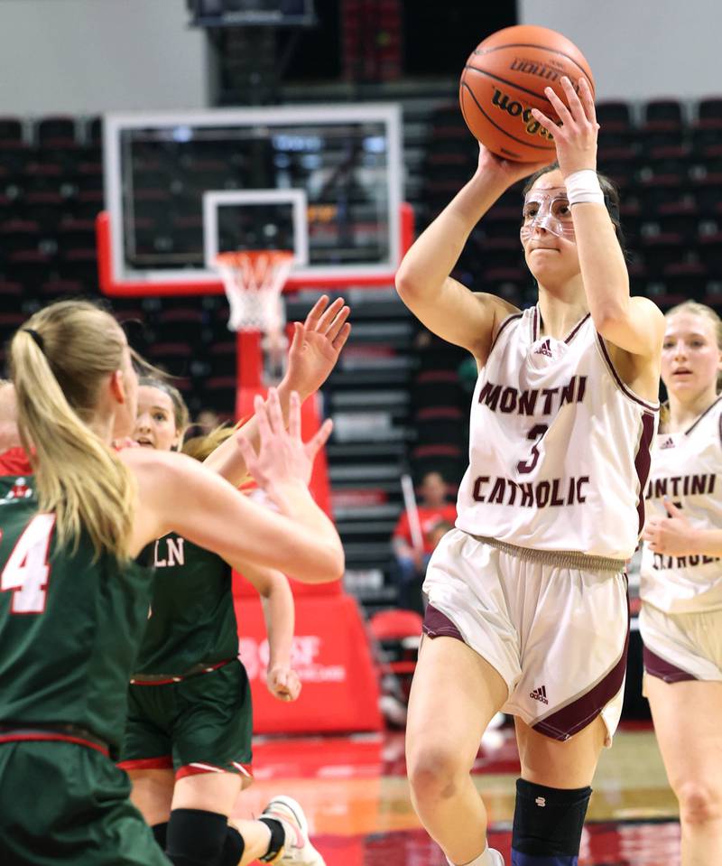 Montini's Nicolette Kerstein shoots over Lincoln's Tori Geriets during their game Friday, March 1, 2024, in the IHSA Class 3A state semifinal at the CEFCU Arena at Illinois State University in Normal.