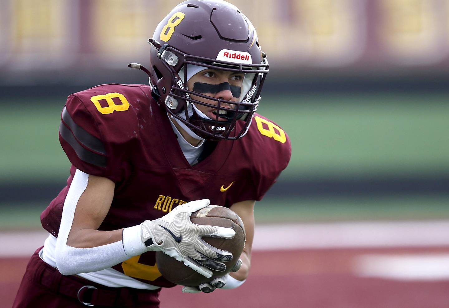 Richmond-Burton's Joseph Larsen returns a kickoff during an IHSA Class 3A semifinal playoff football game against Byron on Saturday, November 22, 2025, at Richmond-Burton High School, in Richmond.
