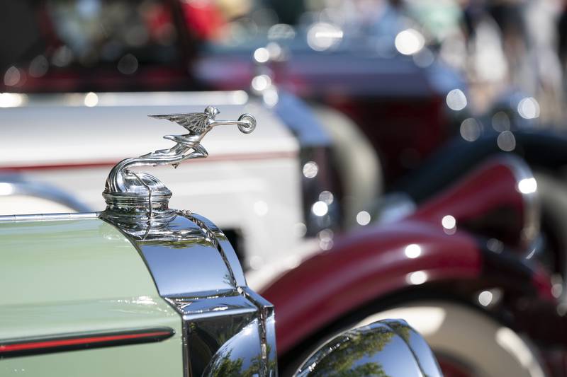 A detail of the hood ornament of a 1931 Packard 5 Passenger Coupe on display during the 2023 Geneva Concours d'Elegance car show on Sunday, August 27, 2023 along Third Street in downtown Geneva. Car enthusiasts and spectators gathered for the free show that featured antique, classic and modern automoblies on display.