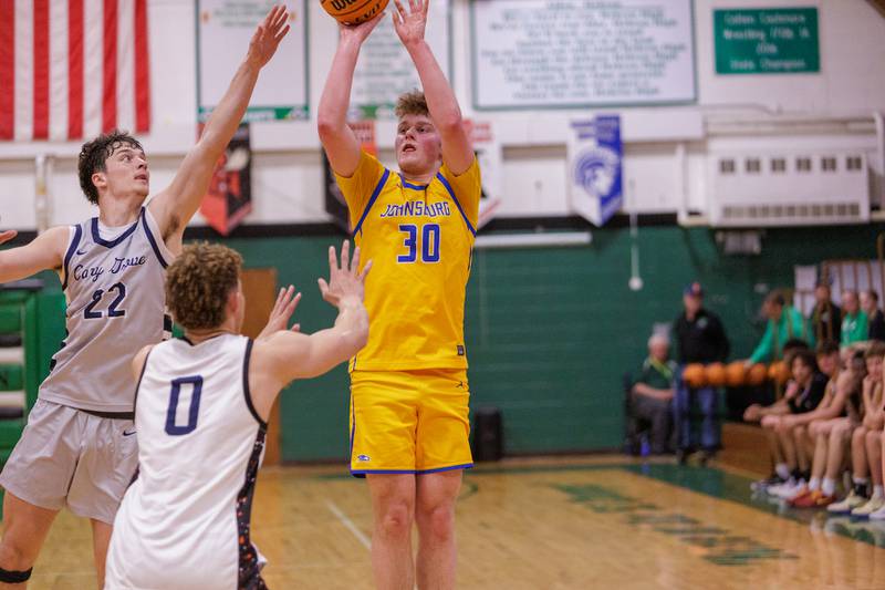 Johnsburg's Jayce Schmitt shoots a three pointer at the McHenry County Area All-Star Basketball Extravaganza on Sunday, April 12, 2026, at Alden-Hebron.