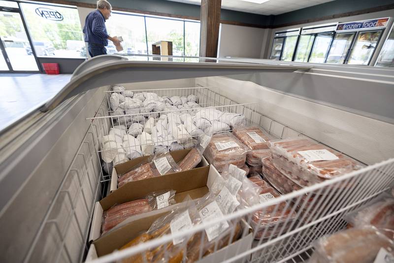 The most popular case in the store is the one containing grill friendly favorites ground beef and hot dogs.