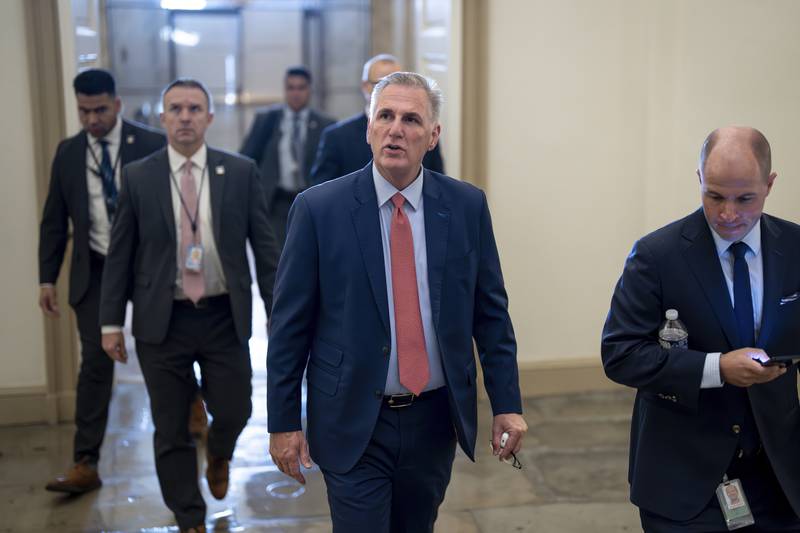 Speaker of the House Kevin McCarthy, R-Calif., arrives at the Capitol in Washington, early Tuesday, Sept. 12, 2023, as Congress faces a deadline to fund the government by the end of the month, or risk a potentially devastating federal shutdown. (AP Photo/J. Scott Applewhite)