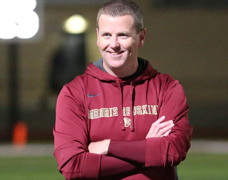 Morris head coach Alan Thorson smiles after defeating L-P during the Class 5A round one football game on Friday, Oct. 28, 2022 in Morris.