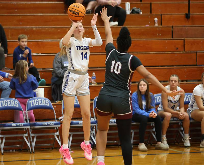 Princeton's Payton Brandt shoots a jump shot over Illinois Vallley Centra's Nevaeh Polk during the Princeton High School Girls Basketball Holiday Tournament on Saturday, Nov. 22, 2025 at Princeton HIgh School.
