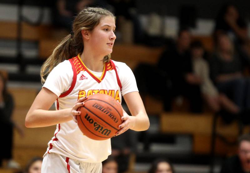 Batavia’s Ava Thomas gets the rebound during a home game against Lake Park on Tuesday, Dec. 6, 2022.