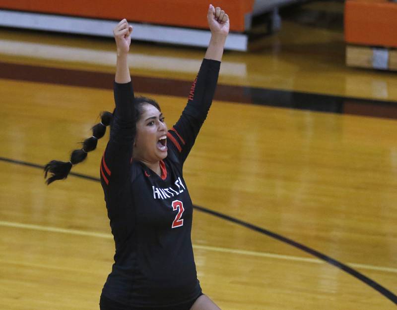 Huntley’s Luma Acevedo celebrates Huntly’s win over Crystal Lake Central during a Fox Valley Conference volleyball match Tuesday, Aug. 23, 2022, at Crystal Lake Central High School.