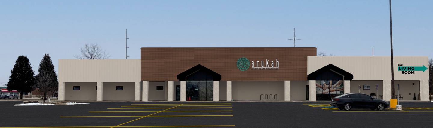 Renderings show planned renovations to the Arukah Institute facility in Princeton, including a redesigned entrance, expanded therapy spaces and new outdoor areas.