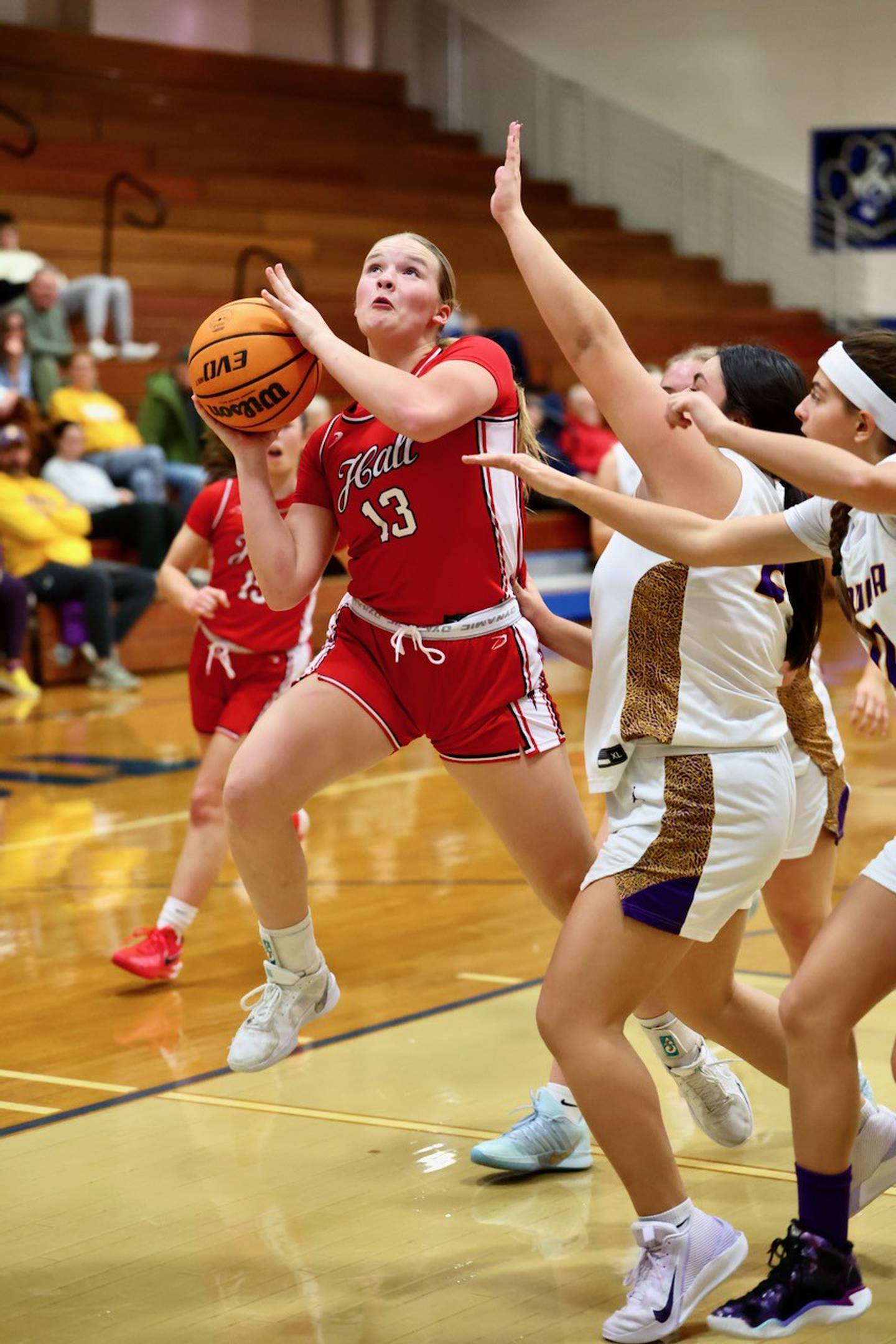 Hall's Caroline Morris drives to the basket against Mendota Thursday nightt at Prouty Gym. The Red Devils won 48-22 to improve to 2-0.