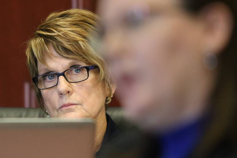 Judge Robbin Stuckert listens as First Assistant State's Attorney Stephanie Klein gives her closing argument during Nicholle Martinez's trial for the attempted murder of Elena Mora Garcia, the girlfriend of Martinez's husband, on Thursday, May 11, 2017 at the DeKalb County Courthouse in Sycamore.