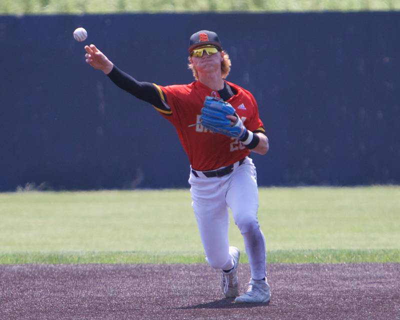 Batavia's Jackson Bland throws to first for the out against York at the Class 4A Sectional Final on Saturday, June 3, 2023 in Elgin.