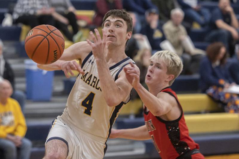 Polo’s Brock Soltow loses the ball against Fulton Monday, Feb. 12, 2024 at Polo High School.